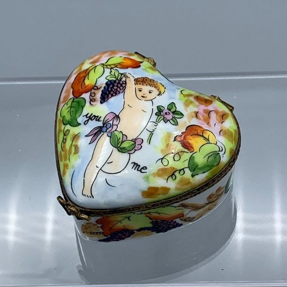 Heart Shape Limoges France Peint Main Hinged Trinket Box La Gloriette "you" "me" - Picture 1 of 10
